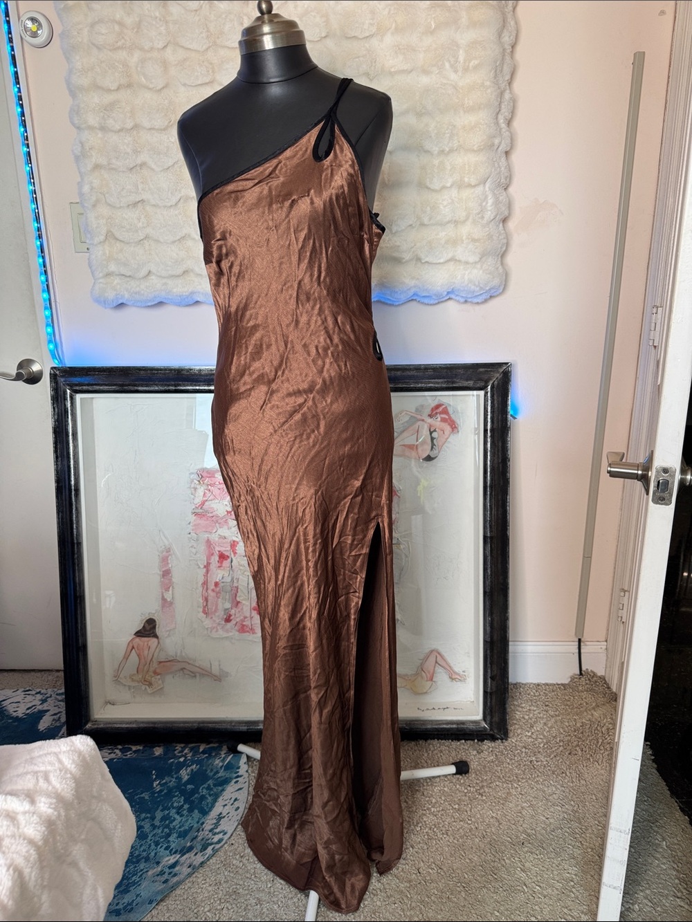 Bec & Bridge One-Shoulder Satin Maxi Dress in Brown